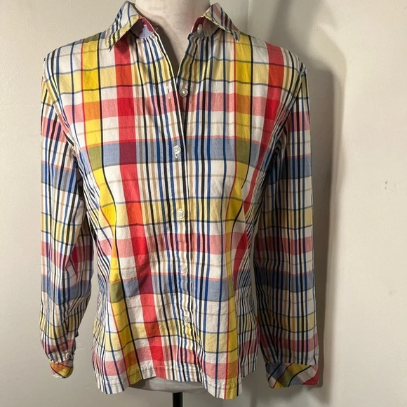 Béchamel, M, plaid striped, long-sleeve roll tab, button down cotton shirt. - Picture 6 of 8